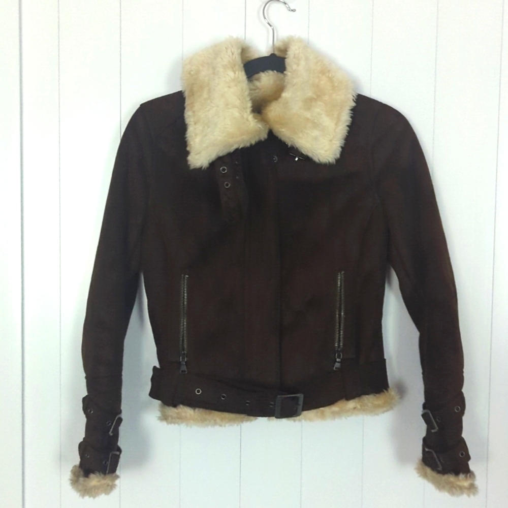 Express bomber shearling brown jacket XS 0